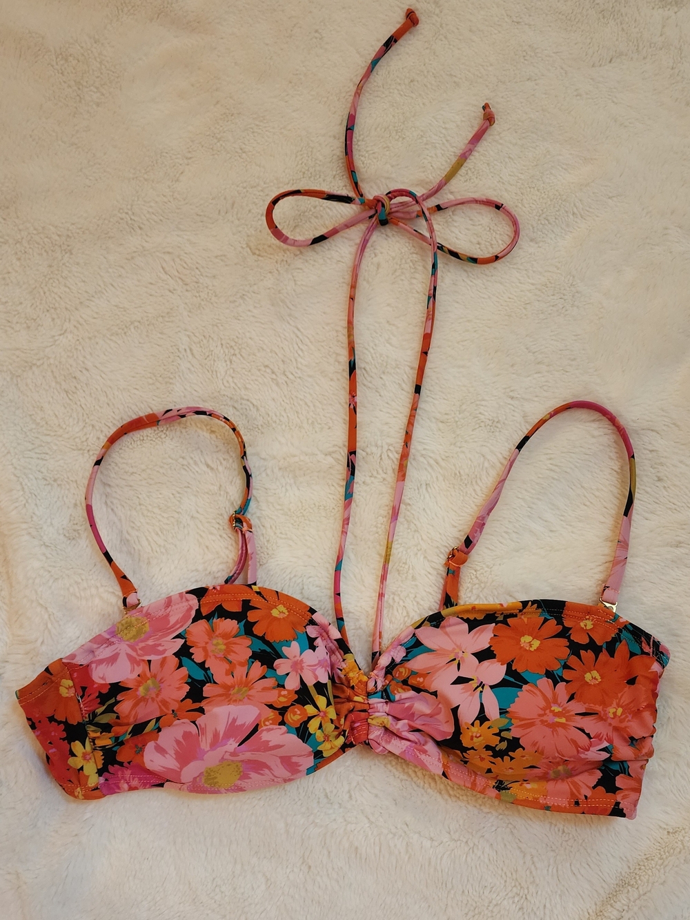 Floral Bandeau Bikini Top in Pink & Orange